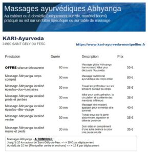 Tarifs massages Abyanga
