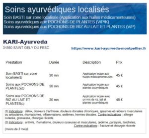 Tarifs soins ayurvédiques localisés