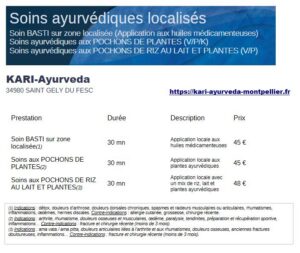 Tarifs soins ayurvédiques localisés